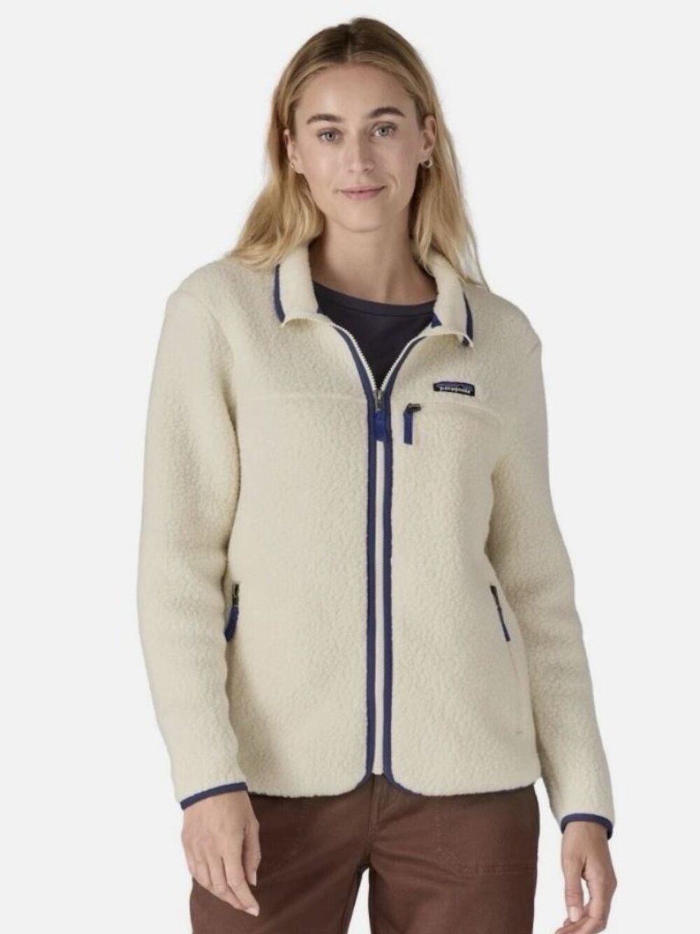 PATAGONIA Women's Retro Pile Fleece Full Zip Jacket Cream Natural Blue Size XL